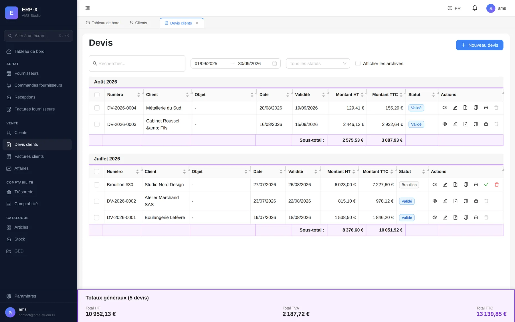 Liste des devis clients dans ERP-X, avec numéro, client, objet, dates, statut et totaux.